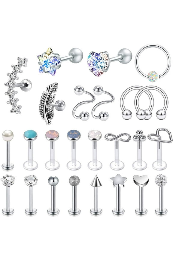 C Shape Labret Lip Studs, Opal, Cubic Zirconia Earrings, Stainless Steel, 25 Pcs Set, 16G, 8mm