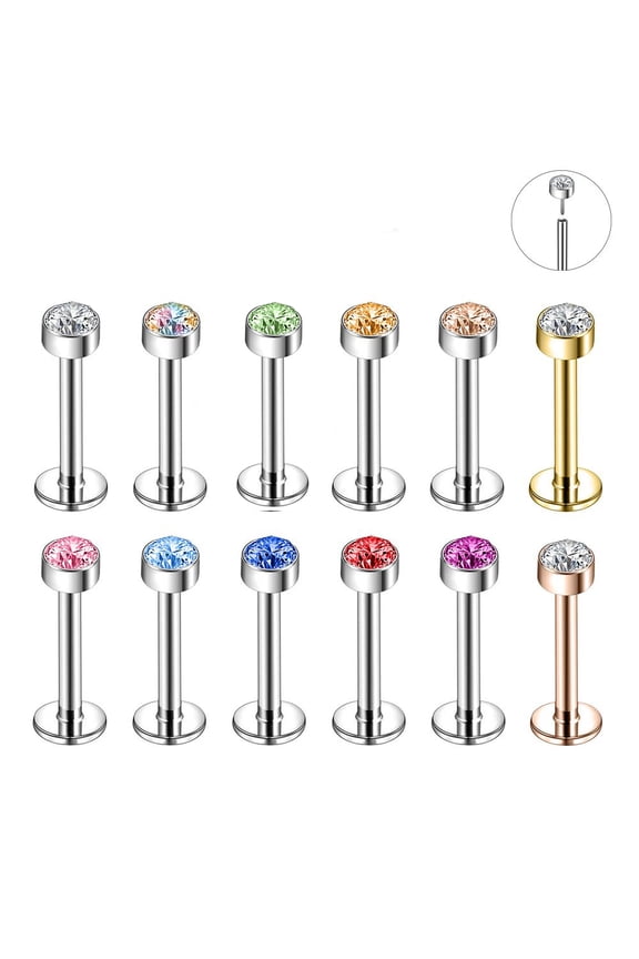 Colorful Push-in Labret Lip Studs Rings, Stainless Steel, 12 Piece
