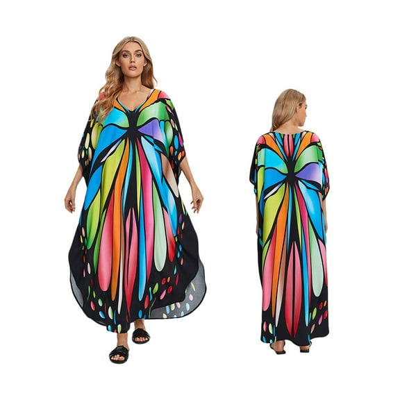 ZS2335-2 Butterfly Print Women's Loose Plus Size Beach Cover Up - Sun Protective Rayon Maxi Dress