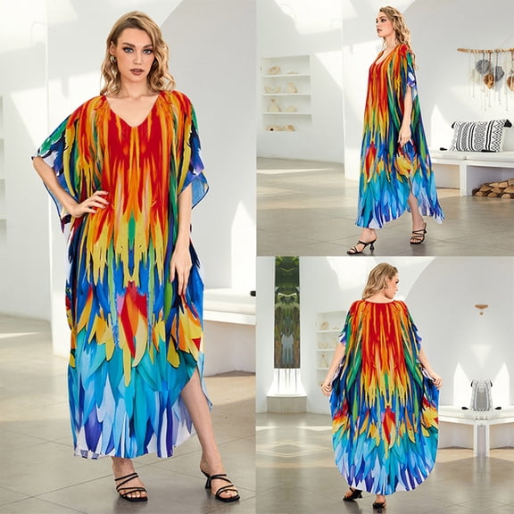 ZS2335-3 Parrot Feather Print Women's Loose Plus Size Beach Cover Up - Sun Protective Rayon Maxi Dress