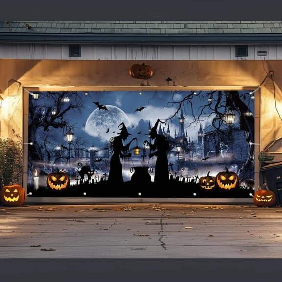 ZSBCMY Halloween Garage Door Cover 6x13 ft Large Decorations with Witches and Pumpkins for Haunted Theme Festivities, Easy to Hang, Durable Polyester Material