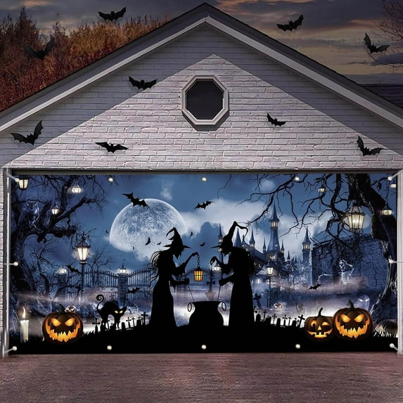 ZSBCMY Halloween Garage Door Cover 7x16 ft Large Decorations with Witches and Pumpkins for Haunted Theme Festivities, Easy to Hang, Durable Polyester Material