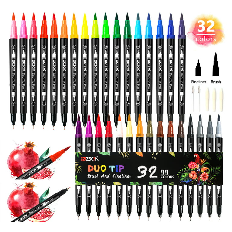 ZSCM 32 Colors Duo Tip Brush Art Markers Set, Gifts for Mother, Artist Fine  and Brush Tip Colored Pens, for Kids Adult Coloring Books, Bullet  Journaling Note taking，School Activities Supplies 