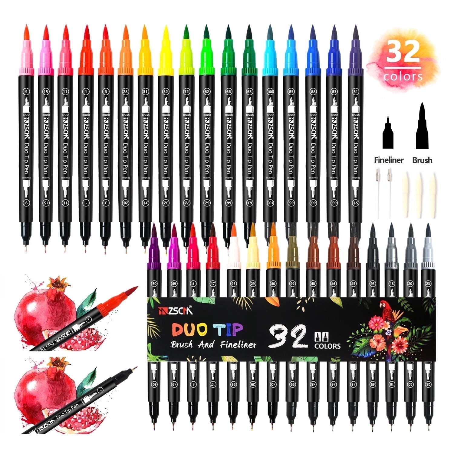 ZSCM 32 Colors Duo Tip Brush Markers Art Pen Set, Artist Fine and Brush Tip Colored Pens, for Adult Coloring Books Christmas Cards Drawing