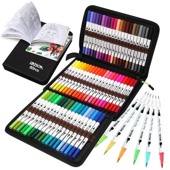 ZSCM 60 Colors Markers for Adult Coloring Books No Bleeding-Duo Tip Art Markers, Fine and Brush Coloring Marker for Adult Calligraphy, Journaling