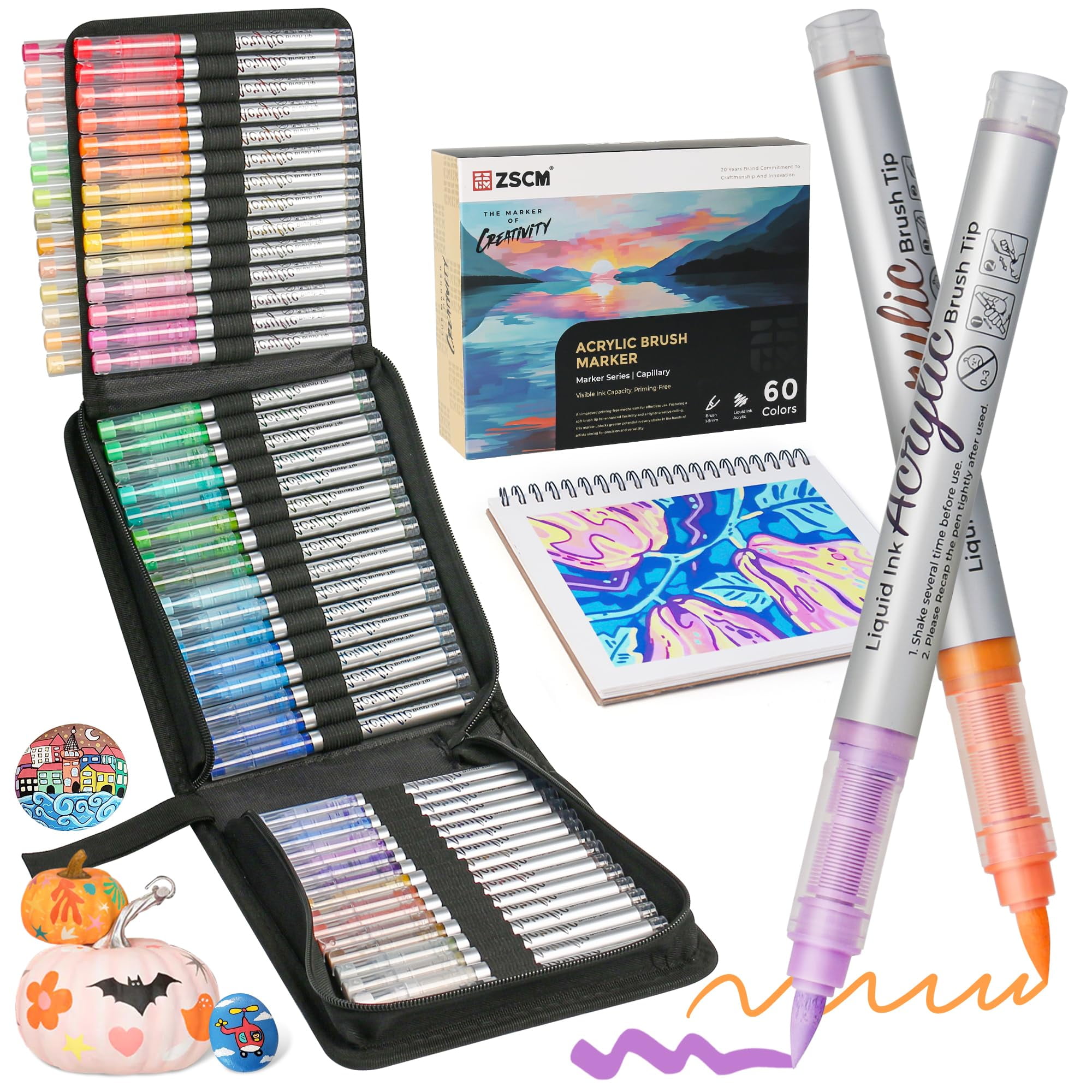 ZSCM QUALITY DECIDES THE FUTURE Direct Liquid Acrylic Paint Markers, 60 Colors, Chisel Tip, Water-Based, Adult Art Markers C80
