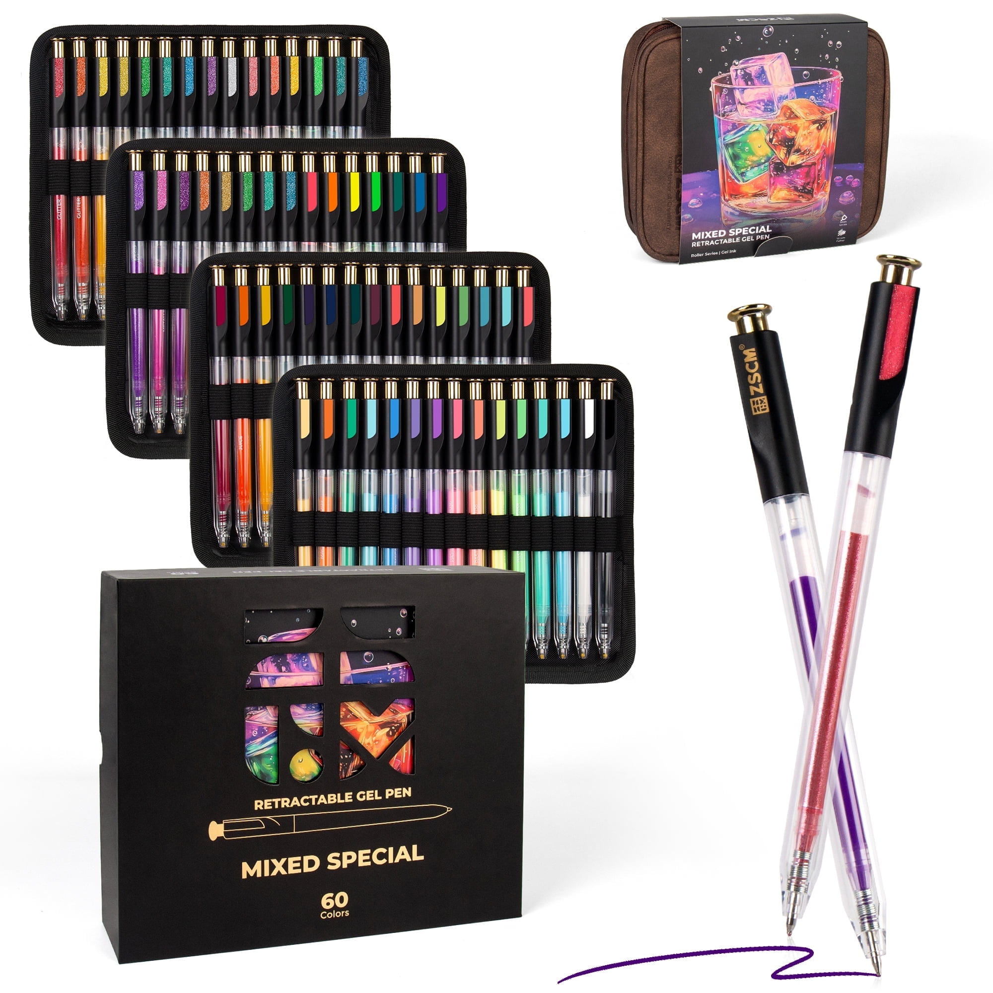 ZSCM Retractable Gel Pen for Adult Coloring, 60 Colors Large Capacity Multicolor Gel Ink Pens for Adult Coloring Book Note Taking Art Supplies