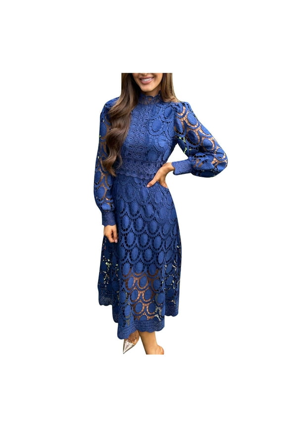 Midi Dresses for Women Formal High Neck Long Sleeve Lace Tunic Dresses Flowy Elegant Party Cocktail Dresses Navy L