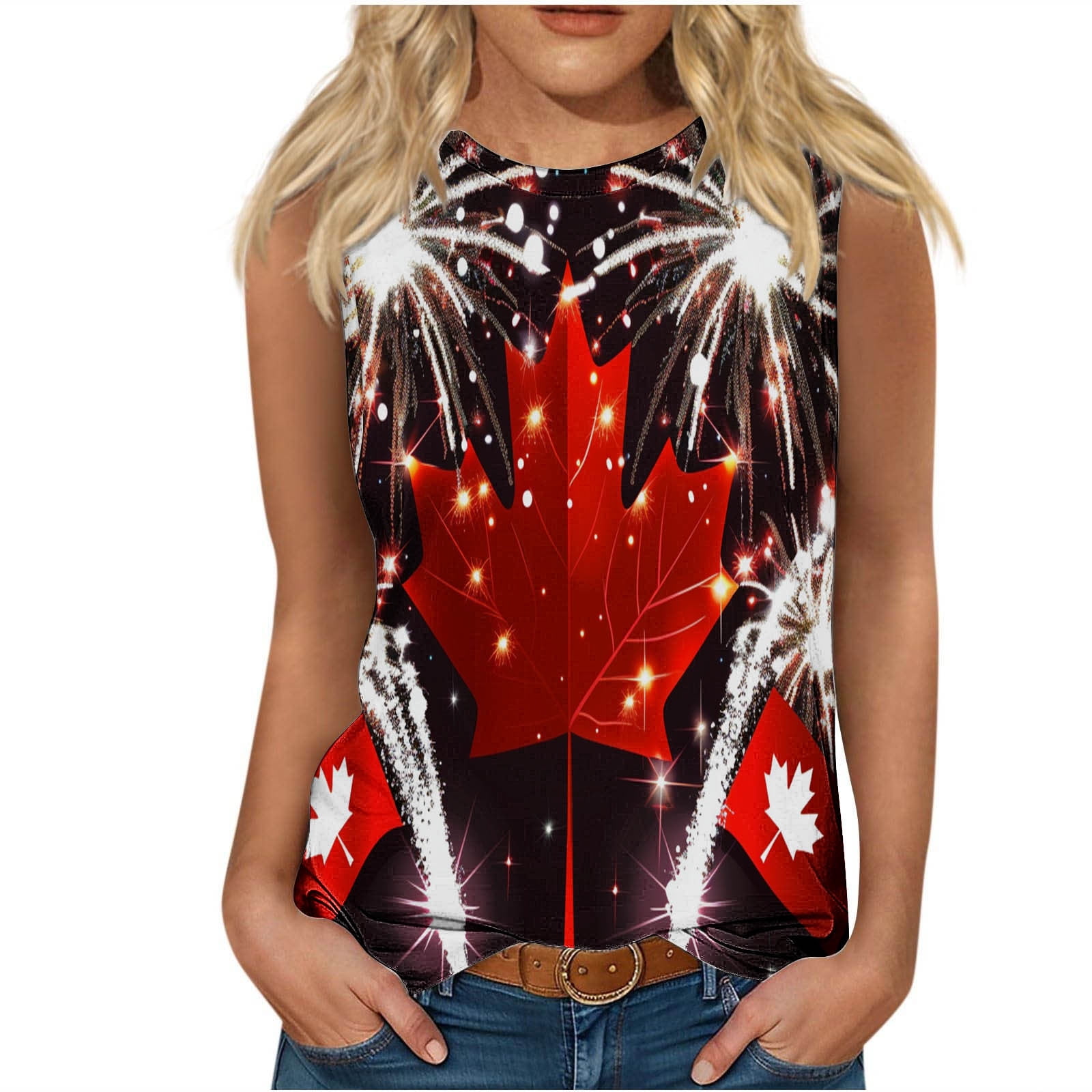 ZSDVBZS Tank Tops for Women Cotton Boat Neck Sleeveless T Shirts Canada Day Fashion Dressy Loose Tank Tops Red L Walmart