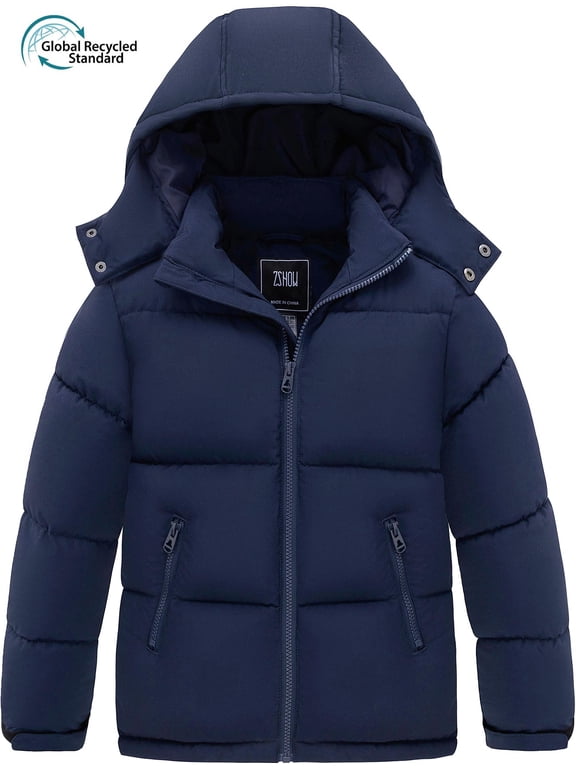 Big Boy's Recycled Winter Coat Warm Winter Jacket Quilted Puffer Jacket with Hood Navy 14-16