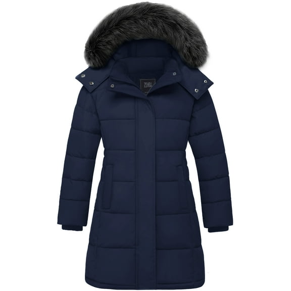 ZSHOW Big Girls' Winter Coat Padded Winter Puffer Jacket with Faux Fur Lined Hood Navy 14/16