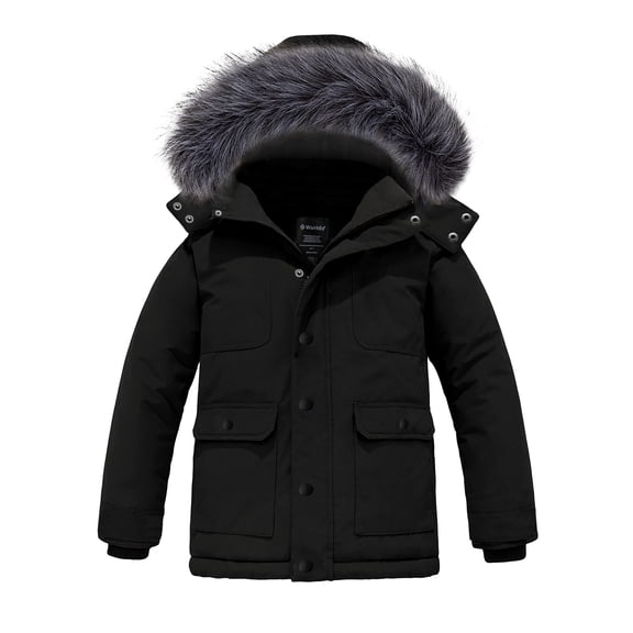 Wantdo Boy's Puffer Coat Padded Winter Fleece Jacket Hooded Puffer Jacket Black 10-12