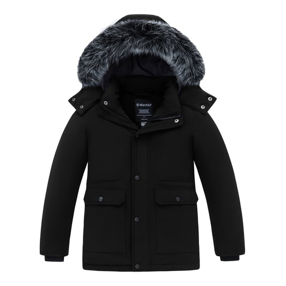 Wantdo Boy's Puffer Coat Padded Winter Fleece Jacket Hooded Puffer Jacket Black 10-12