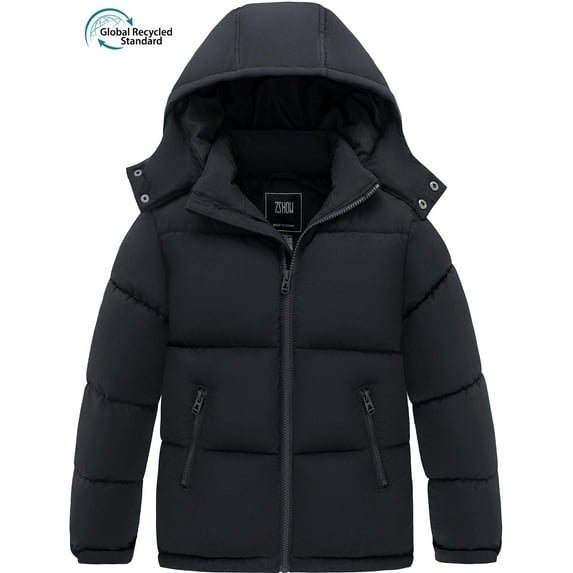 ZSHOW Boy's Recycled Hooded Coat Warm Short Winter Coat Thicken Padded Winter Jacket with Hood Dark Gray 10/12