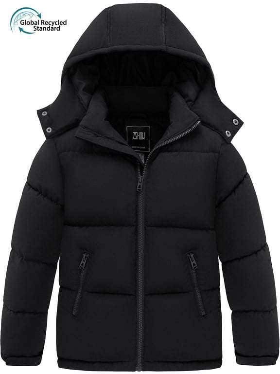 Boy's Recycled Winter Coat Insulated Winter Jacket Hooded Puffer Outerwear Jacket Black 10-12