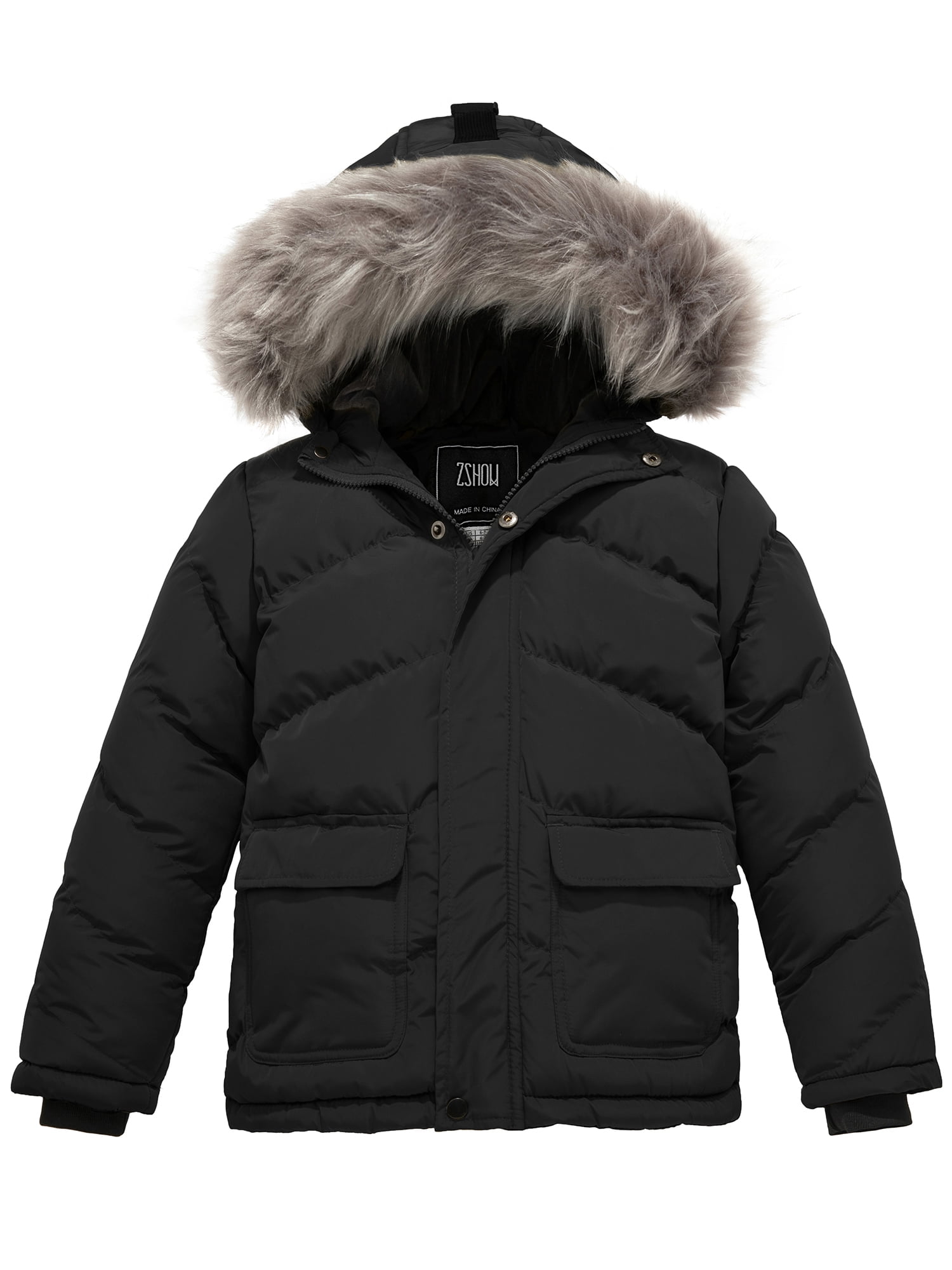 ZSHOW Youth's Warm Winter Puffer Jacket, Windproof Fleece Coat, Black