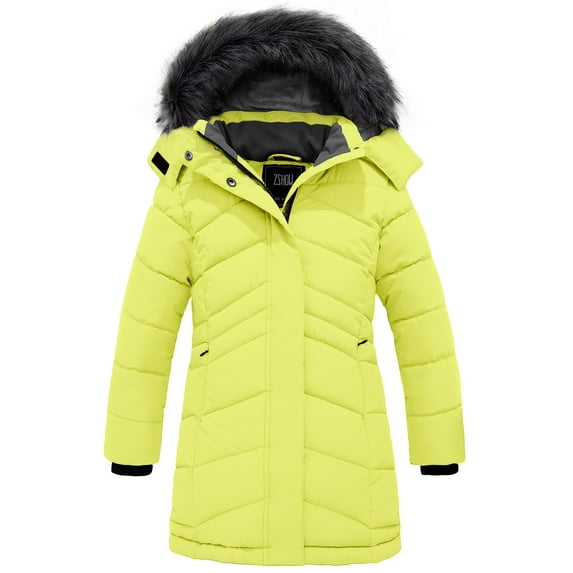 ZSHOW Girls' Long Winter Parka Coat Warm Fleece Lined Thicken Puffer Jacket(Lemon Yellow,10/12)