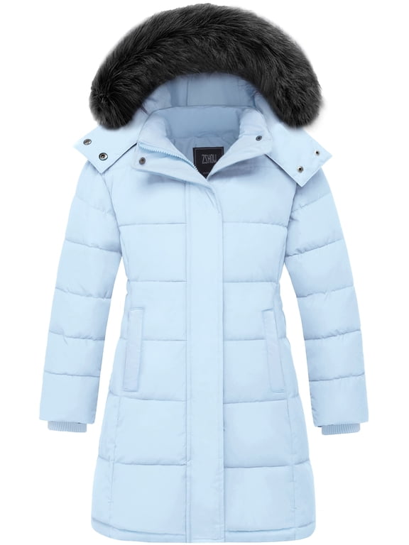 Girls' Puffer Jacket Water Resistant Hooded Winter Coat Warm Winter Parka Jacket Light Blue 8
