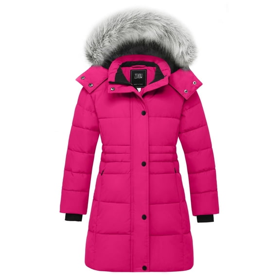 ZSHOW Girls' Recycled Puffer Jacket Waterproof Winter Coat Hooded Winter Jacket Rose Red 10/12