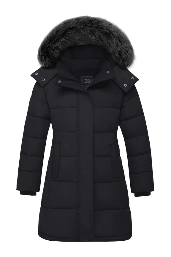 Girls' Recycled Winter Jacket Mid-Length Winter Coat Padded Winter Snow Jacket Black 8