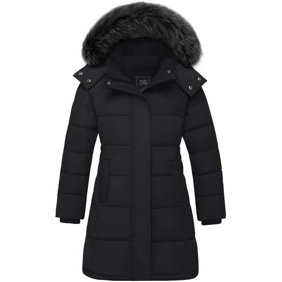 ZSHOW Girls' Recycled Coat Warm Waterproof Puffer Parka Jacket with Removable Hood Black 10/12
