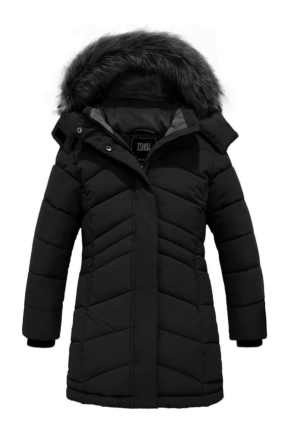 Girls' Winter Jacket Warm Winter Coat with Hood Winter Puffer Coat Black 10/12
