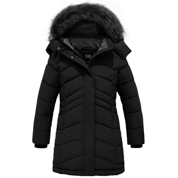ZSHOW Girls' Winter Jacket Warm Winter Coat with Hood Winter Puffer Coat Black 10/12