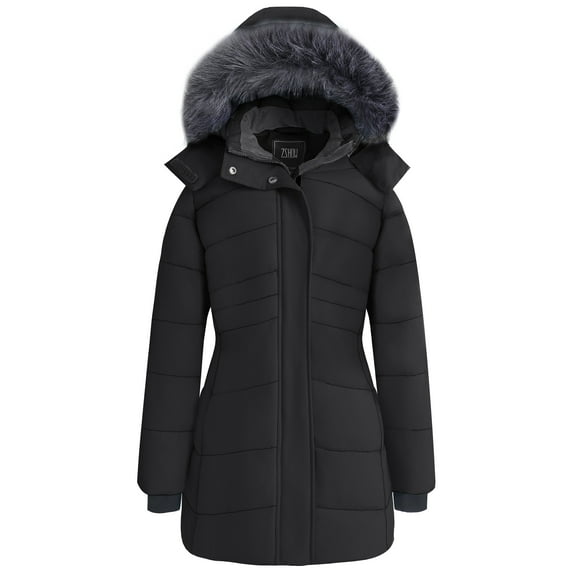 ZSHOW Women's Warm Puffer Jacket Windproof Puffer Jacket with Hood Mid-Length Parka Black S
