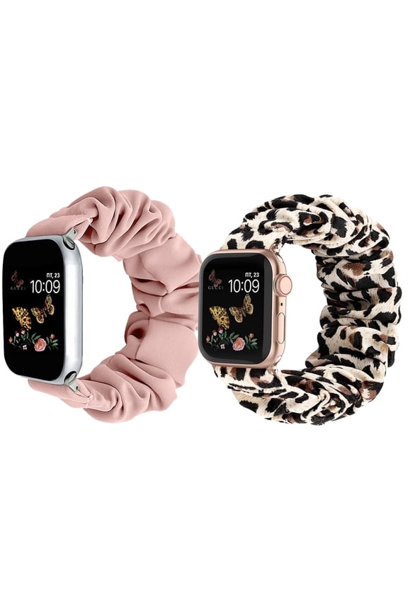 2 Pack Scrunchie Watch Bands for Apple Watch 38/40/41/42mm(Series 10) - Pink, Leopard