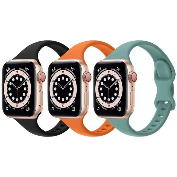 ZSOU 3 Pack Skinny Silicone Watch Bands for Apple Watch 38/40/41/42mm(Series 10) - Black, Soft Orange, Greenish