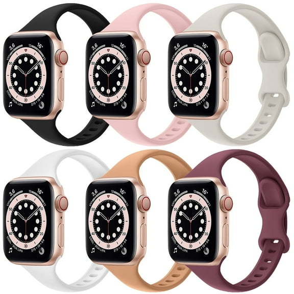 ZSOU 6 Pack Skinny Silicone Watch Bands for Apple Watch 38/40/41/42mm(Series 10) - Black, Pink, Cream, White, Beige, Light Purple