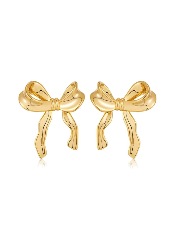 14K Gold Plated Bow Stud Earrings for Women, Lightweight Post Ribbon Knot Earrings Trendy Bow Earrings Jewelry Gift