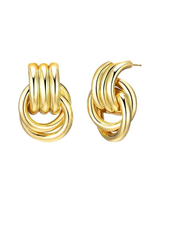 14K Gold Plated Chunky Gold Earrings for Women, Dainty Knot Link Circle Geometric Drop Dangle Earrings Simple Trendy Stud Earrings Jewelry Gift