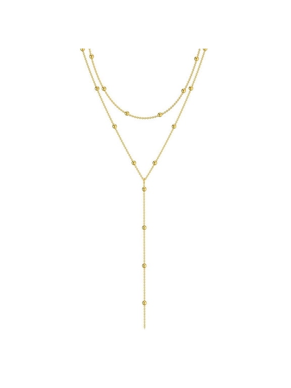 14K Gold Plated Dainty Y-Shaped Necklace for Women Trendy Layered Beaded Chain Drop Necklaces Jewelry Gift for Her