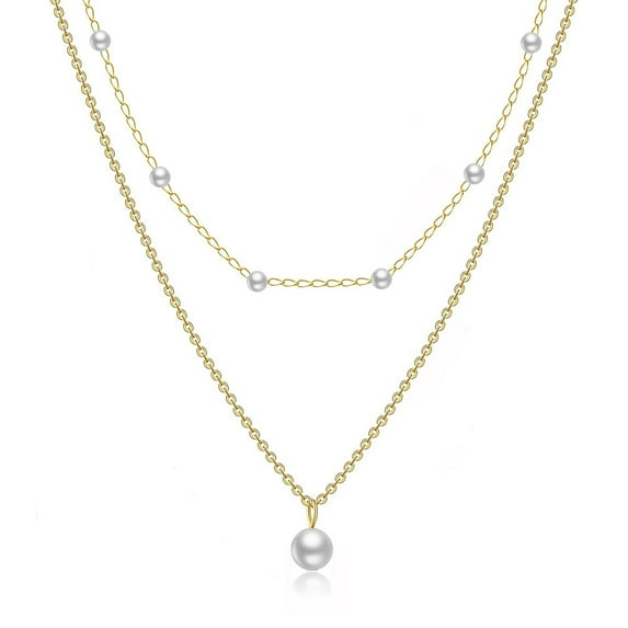 ZSPERKLA 14K Gold Plated Pearl Necklace for Women, Dainty Layered Pearl Necklaces Trendy Herringbone Chain Necklace Pearl Pendant Neckalce Jewelry Gifts