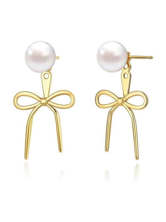 Pearl Earrings for Women, 14K Gold Plated Bow Huggie Earrings Bow Stud Pearl Dangle Earrings Trendy Jewelry Gifts