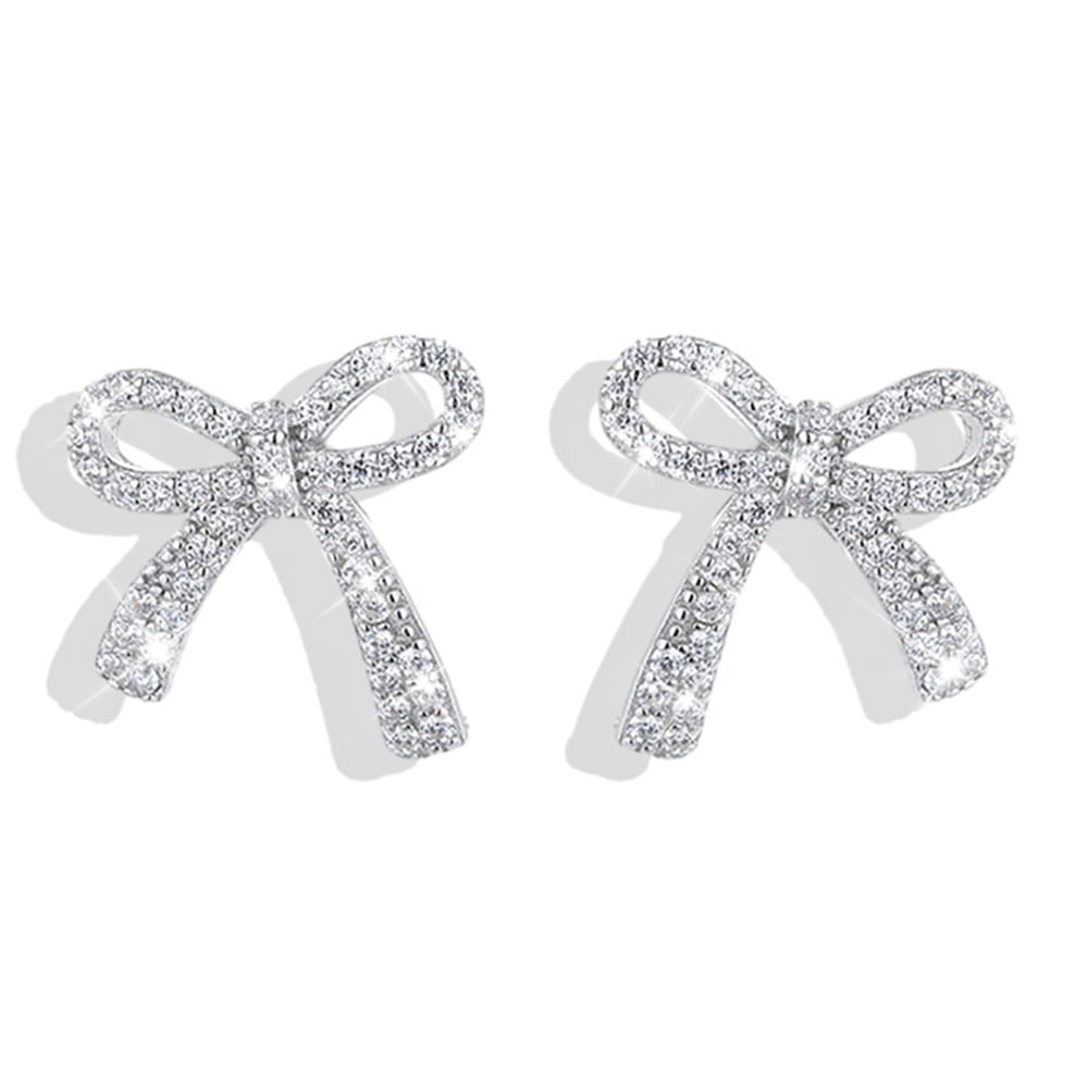 Sterling Silver Bow Stud Earrings for Women, Trendy Sparkly Rhinestone Bow Earrings Jewelry Gifts