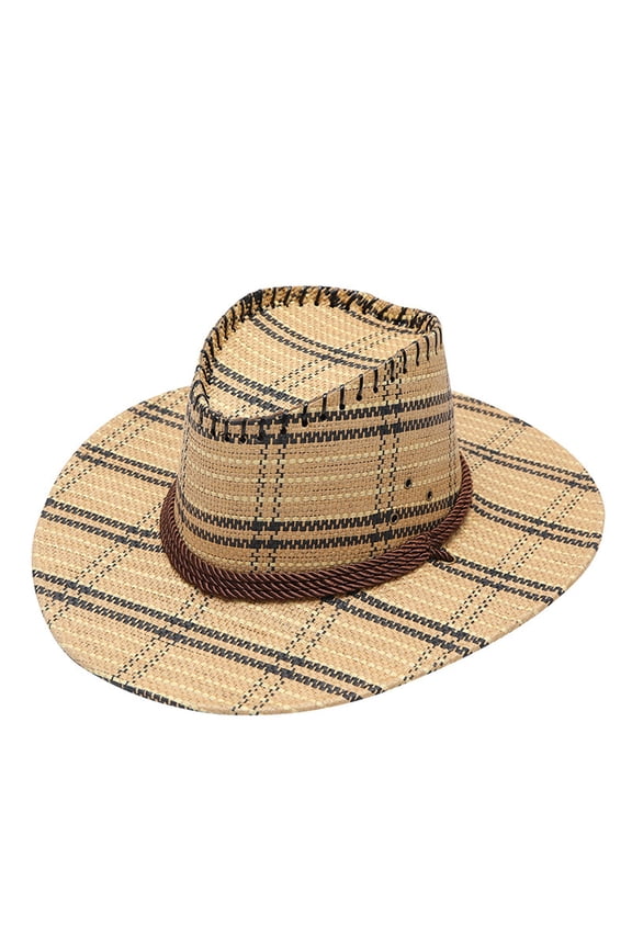 ZSQDM Adult Casual Plaid Printed Summer Western Fashion Cowboy Sun Hat Wide Brim Travel Sun Cap beanie of Men Custom Hat Cowboy Hairbrella Swim Cap Waterproof