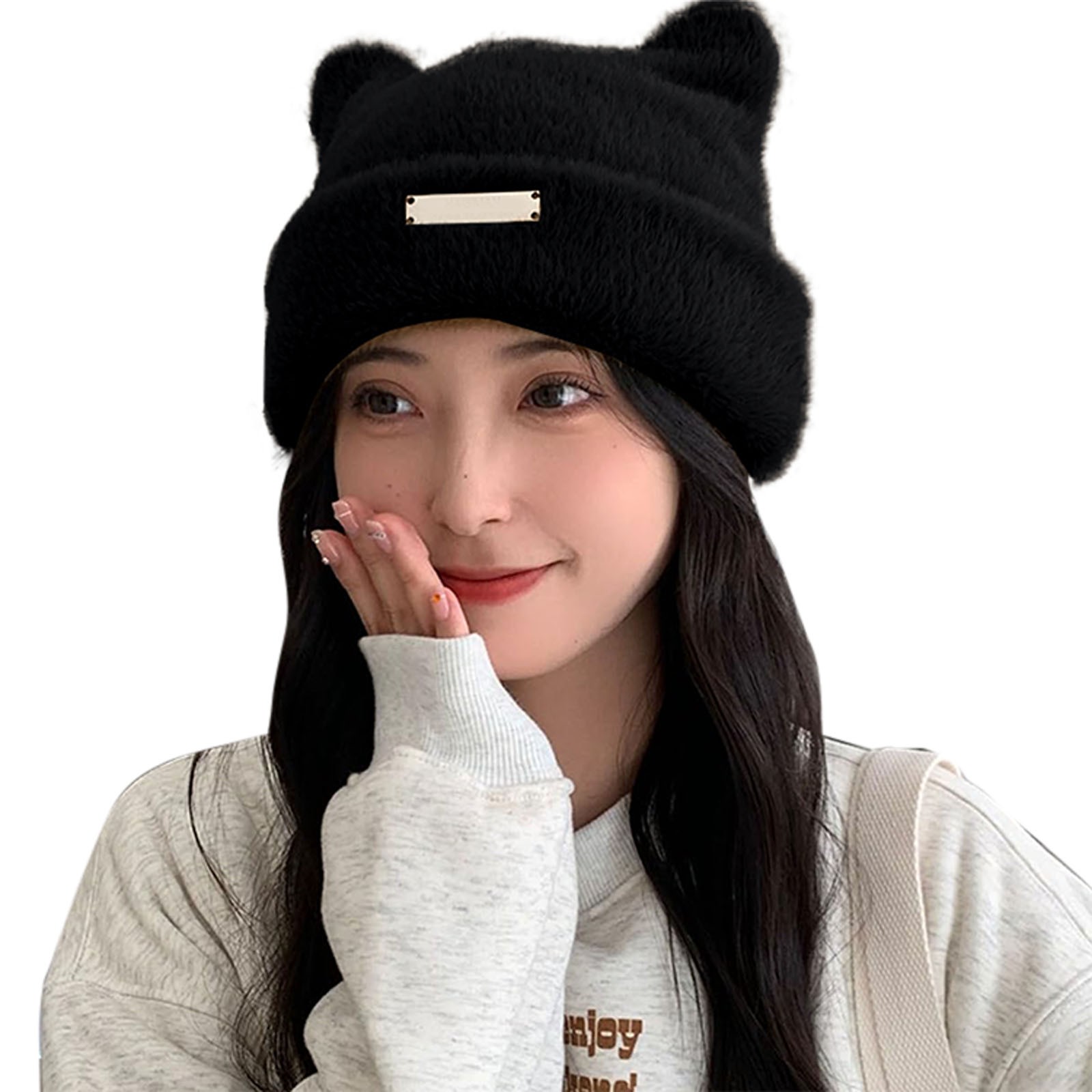 Women\'s Black Winter Beanie Hat Cute Cat/Bear Ear Hat with Internal Support Malaxlx Black Bear Ear Docker Cap Brimless Cotton Sailor  main image 3