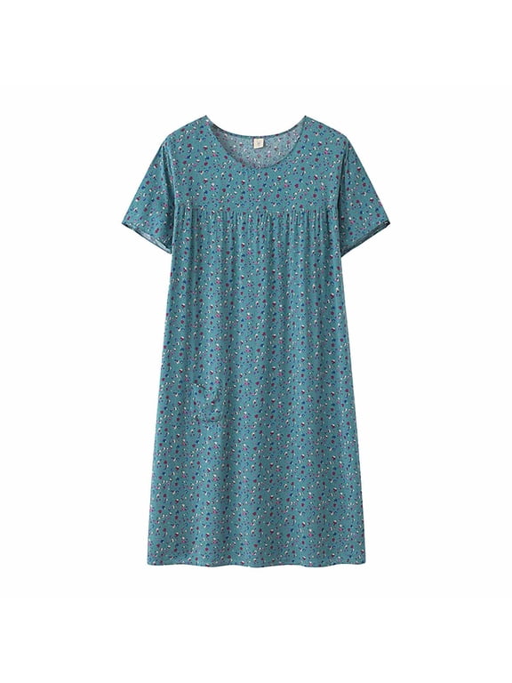 House Dresses for Women Summer Cotton Silk Short Sleeved Sleep Dress for Middle Aged Women New Loose Fitting Home Wear Elderly Sleepwear Plus Size Dress Blue One Size