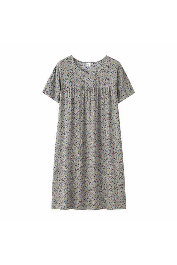 House Dresses for Women Summer Cotton Silk Short Sleeved Sleep Dress For Middle Aged Women New Loose Fitting Home Wear Elderly Sleepwear Plus Size Dress Grey One Size