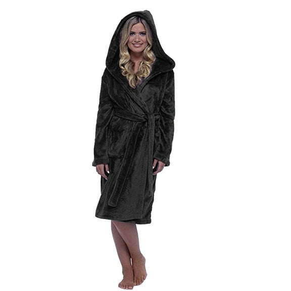 ZSQDM Nightgowns for Women, Women Winter Plush Lengthened Shawl Bathrobe Home Clothes Long Sleeved Robe Coat Black M