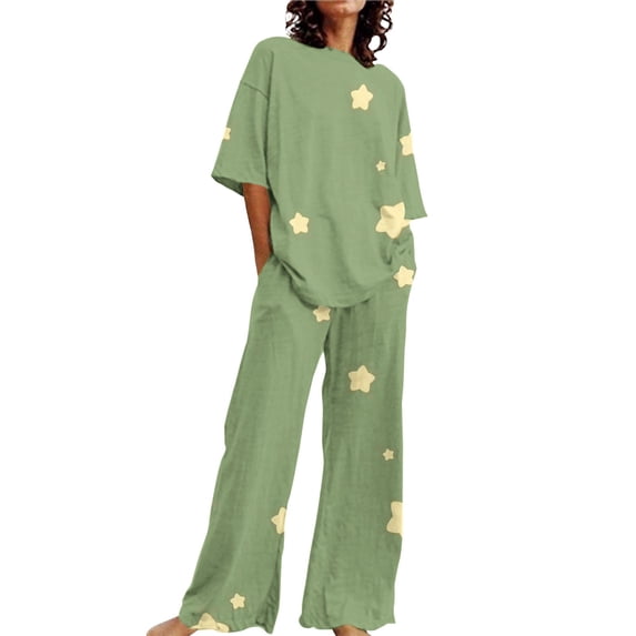 ZSQDM Pajamas Set for Women Women Suitable Summer O Neck Loose Short Sleeve Floral Print Top Shirt With Pants Large Size 2 Set Green XXL