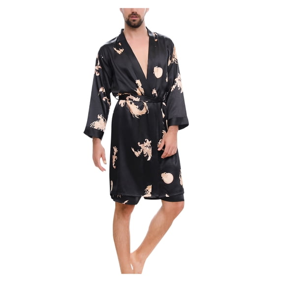ZSQDM Underwear for Women, Unisex Imitation Silk Nightgown All Season Thin Long Sleeve Cardigan Black L