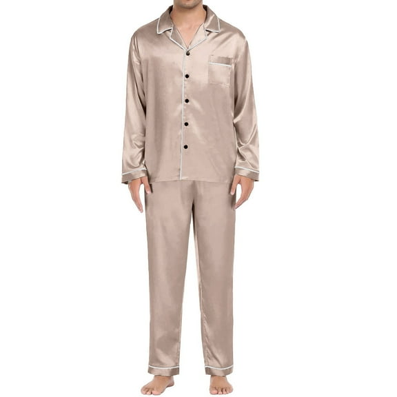 ZSQDM Women's Sleepwear Men's Casual Pyjamas Long Sleeve Blouse Button Silk Satin Two Piece Sleepwear Suit Pant Pyjama Beige M