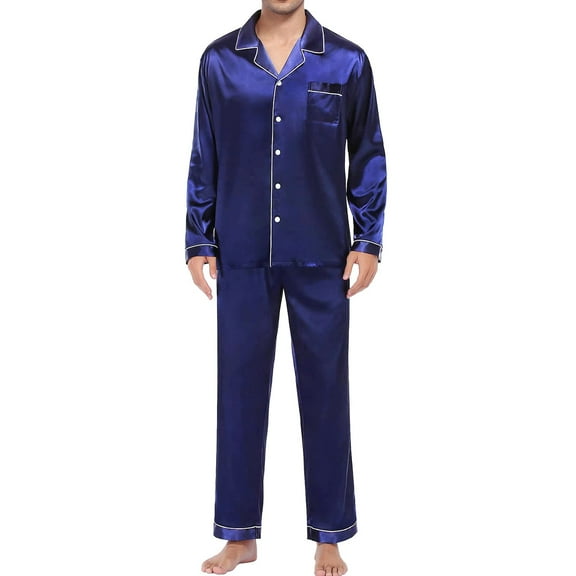 ZSQDM Women's Sleepwear Men's Casual Pyjamas Long Sleeve Blouse Button Silk Satin Two Piece Sleepwear Suit Pant Pyjama Blue L