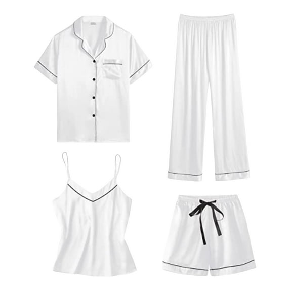 ZSQDM Women's Sleepwear Satin Pyjamas Women's Short 4 Piece Pyjamas Short Sleeve Sleepwear And Shorts Set Women Sets Leisure Suit Loungewear White M
