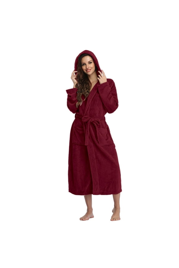 Women's Sleepwear Women Hooded Fleece Bathrobe Lightweight Soft Plush Long Flannel Sleepwear Fleece Hooded Bathrobe Plush Long Robe Wine Red L