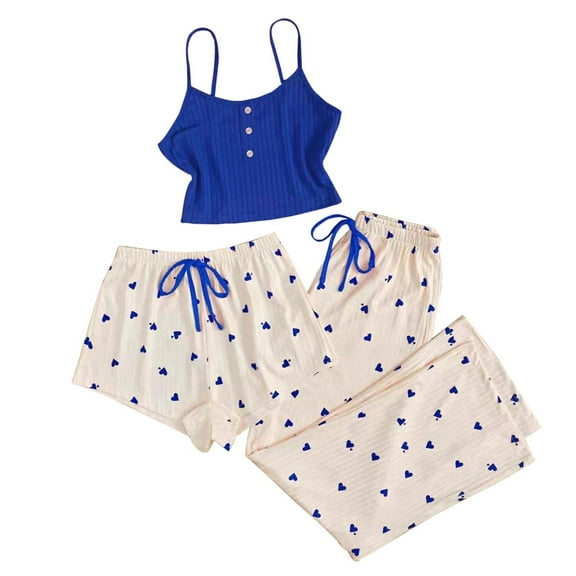 ZSQDM Womens Pajamas Set Women's 3 Pieces Pajamas Heart Print Shorts Pants Pj Sets Sleepwear Blue M