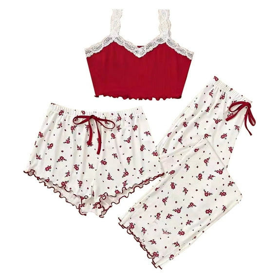 ZSQDM Womens Pajamas Set Women's 3 Pieces Pajamas Heart Print Shorts Pants Pj Sets Sleepwear Wine Red M